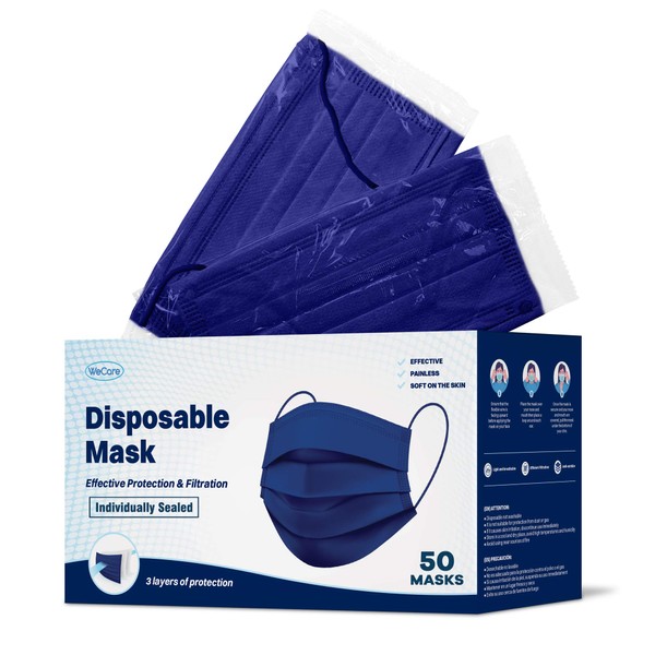 WECARE Disposable Face Mask Individually Wrapped - 50 Pack, Navy Blue Masks 3 Ply