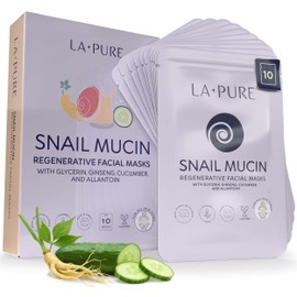 LA PURE Snail Mucin Mask – 10ct Korean Sheet Mask Pack for Signs of Aging, Aid Skin Repair & Hydration – Pure Snail Mask for Face with Collagen & Hyaluronic Acid – Cruelty-Free Hydrating Sheet Mask