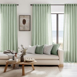 ANRODUO Sage Green Linen Curtains 84 Inch Length 2 Panels for Living Room Light Filtering Semi Sheer Back Tab Curtain Drapes for Bedroom Neutral Farmhouse Decor 84 Inches Long Light Green Colored