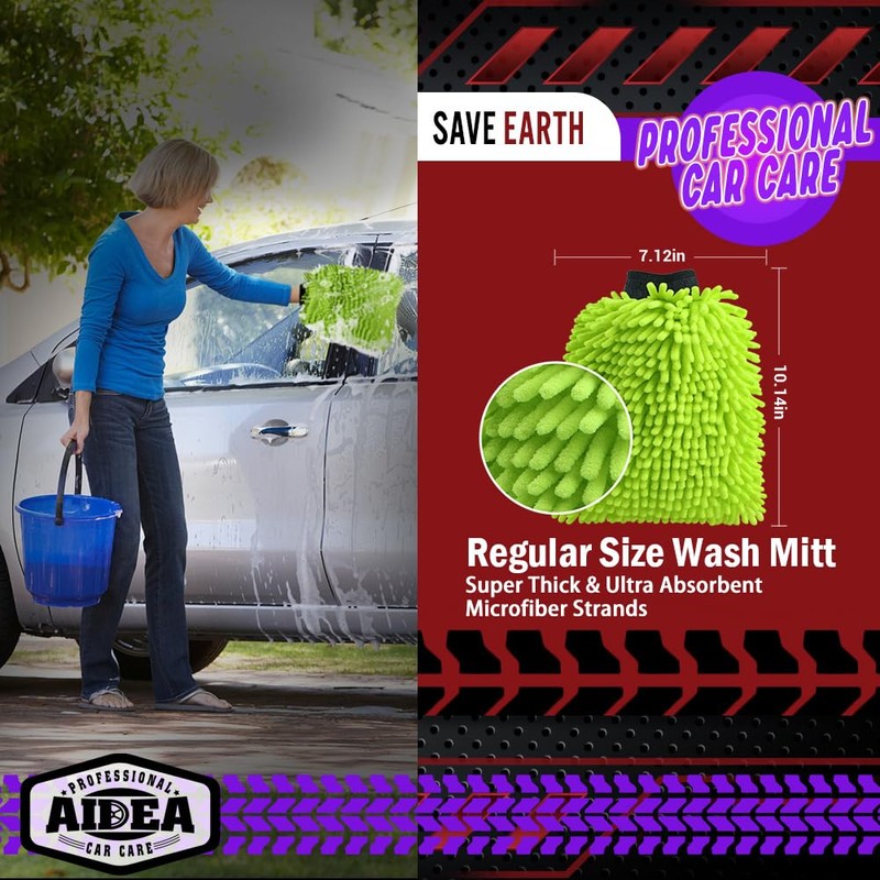 AIDEA Car Wash Mitt Microfiber, 1PK, Car Wash Brush, Green,