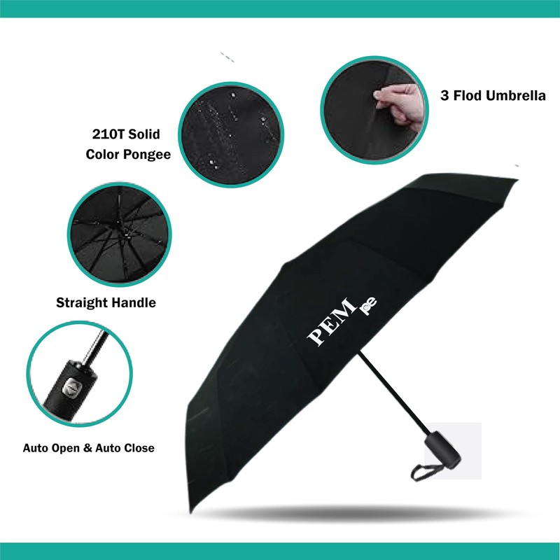 PEM Black Umbrella Compact Travel Folding Umbrella,Durable Rain Windproof Portable