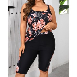 Daci Orange Floral Women's Plus Size Tummy Control Tankini Swimsuits Athletic Two Piece Bathing Suits with Shorts Knee Length 2025 16W