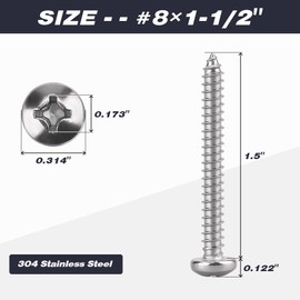 #8 x 1-1/2" Pan Head Phillps Drive Self Tapping Screws, 304 Stainless Steel, Round Head Sheet Metal Tek Screws, 80 PCS