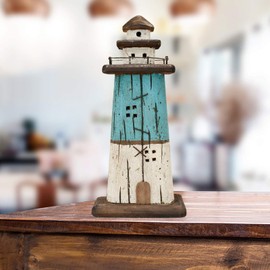 Aecipl Nautical Decor Wooden Lighthouse Beach Themed Ornaments Coastal Ocean Decoration Decorative Wood Light HouseTable Centerpiece Tower Lights Figurine for Shelf Fireplace Tabletop (Blue L)