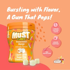 Elite Must Watermelon Mango Sugar Free Cube Gum, 2oz (6 Pack) | Gum Cubes with Liquid Filled Center