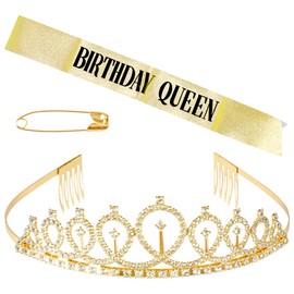 Thyonta Birthday Crown Tiara and Sash Set Stamped Party Ceremony Sash Decorations for Holiday Parties Atmosphere Baking Fun Toys（Gold）