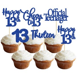 Paquete de 30 adornos para magdalenas de feliz cumpleaños 13 unidades de adornos de magdalenas de cumpleaños de 13 años de edad con purpurina azul oscuro, 13 unidades oficiales para decoración de