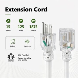 Extension Cords 10/3 Gauge Outdoor/Indoor SJTW 10 AWG 3 Prong Heavy Duty Power Cable 15A 125V 1875W for Lawn, Garden, Appliances, ETL Listed (White, 15FT)