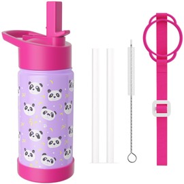 FROSCOLD Kids Insulated Water Bottle with Straw Lid, 14oz Double Wall Stainless Steel Cup with Boot & Strap, Leakproof Vacuum Insulated Kid Water Bottle for School Boys Girls (Panda)