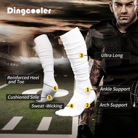 Dingcooler Scrunch Football Socks 2 Pack, Extra Long Padded Athletic Socks for Men & Women, White, Small