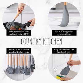 Country Kitchen Non Stick Silicone Utensil Set with Rounded Wood Handles for Cooking and Baking, 38 Piece Set, Gray