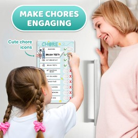 Dry Erase 4 in 1 Chore Chart for Multiple Kids - Magnetic Routine Chart with Slider Cute Chore Stickers, Visual Schedule for Kid with Autism to Do List Checklist for Kids