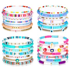 Yaomiao 28 Pcs 4 Set Preppy Jewelry Bracelets for Women Clay Bead Colorful Surfer Heishi Friendship Bracelet Set Stackable Beaded Stretch Jewelry Boho Y2k for Women Summer Beach Party favor