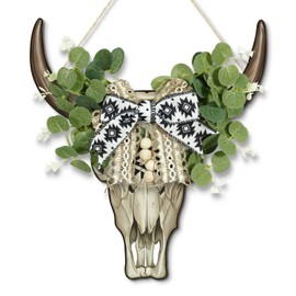 Putuo Decor Western Bull Skull Wall Hanging with Faux Greenery and Tribal Bow, Rustic MDF Animal Head Art for Farmhouse, Boho or Entryway Decor