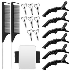 Coldairsoap 17 Pieces Hair Parting Tools Set, Included 8P Hair Parting Ring 2P Metal Rat Tail Comb 6P Hair Sectioning Clip with 1P Magnetic Wrist Sewing Pin Holder for Braiding (Black)