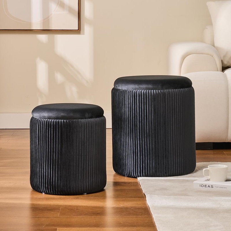 Round Ottoman with Storage Set of 2-Upholstered Sherpa Vanity Stool
