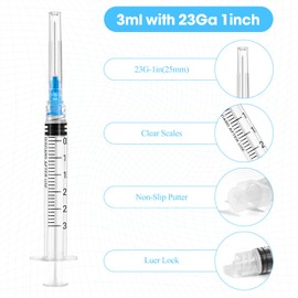 3ml/cc Luer Lock Syringe with 23Ga 1inch Lab Supplies, Disposable Individually Packaged, Pack of 100