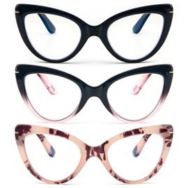 MMOWW Cat Eye Reading Glasses for Women Fashion Cute Blue Light Blocking Glasses Readers 3 Pack, Black/Black Pink/Pink Powder +2.25