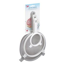 Tala 10A00444 Kitchen Set, Plastic Handle Straining Sieves Measuring 8cm, 15cm and 18cm with stablising Hooks, Fine Stainless Steel which is Perfect for Sifting and Rinsing Foods, Grey