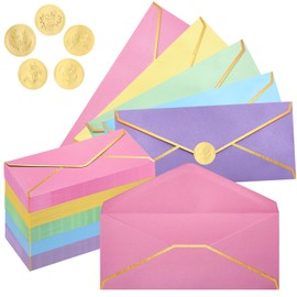 50 Pcs #10 Colorful Business Mailing Envelopes with Gold Border and Stickers Standard Letter Size Envelopes for Christmas Wedding Office Check Invoices Greeting Cards Party Graduation(Macarons)