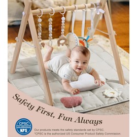 Wooden Play Gym with Beige Mat, Foldable Baby Play Gym, Infant Activity Mat with 6 Hanging Toys, Natural Pine Wood Frame Activity Center, Easy to Assemble & Clean, Newborn Present for Boys & Girls