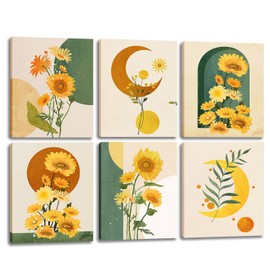 ZHJLUT Sunflower Decor Boho Wall Art - 6 Panels Yellow Moon and Sun Bohemia Minimalist Framed Painting Wall Pictures for Home Decoration for Bedroom Bathroom Living Room Decor 8x10inch Ready to Hang