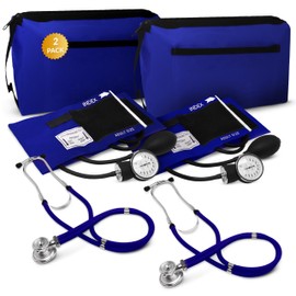 Blood Pressure Monitor and Sprague Stethoscope Kit - 2-Pack, Adult Aneroid Sphygmomanometer with Dual-Head Stethoscope, Adjustable BP Cuff, Carrying Case & Accessories - Royal Blue