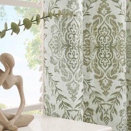 ColorBird Green Linen Curtains for Living Room, 84 Inch inch Length 2 Panels Set, Farmhouse Vintage Pattern Curtains for Dining Bedroom Sliding Doorway Closet