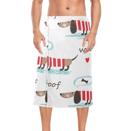 Kjovgcb Men's Half-Length Bath Towel Dress Bath Body Wrap, Absorbent Polyester Spa Towel Robe Bathrobe Elastic Waistband Print Dachshunds Dogs Dressed in Red Stripes Bones Heart