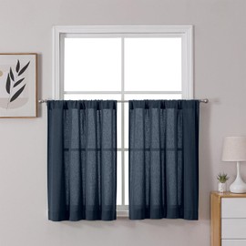 OWENIE Colin Short Navy Blue Cafe Curtains Tiers 36 Inch Length 2 Pieces, Modern Linen Textured Semi Sheer Soft Light Filtering Panels for Basement Bathroom Small Windows, 2 Panels, 42x36 Inch