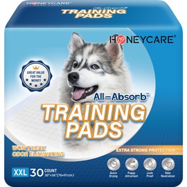 HONEY CARE All-Absorb, XXL 30"x36", 30 Count, Dog and Puppy Training Pads, Ultra Absorbent and Odor Eliminating, Leak-Proof 5-Layer Potty Training Pads with Quick-Dry Surface, Blue, A39