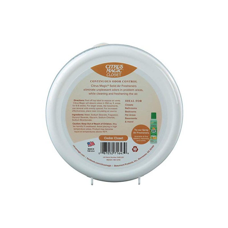 Citrus Magic Ambientador sólido absorbente de olores para armarios, cedro,