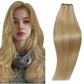 RUNATURE Real Hair Weft Blonde Highlight Real Hair Wefts for Sewing 35 cm Golden Blonde Highlight Light Blonde Straight Real Hair 100 g Remy Real Hair Weft Extensions #16P24