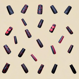 EYZOTSF Press on Nails Valentine's Day Square Shaped Acrylic Full Cover Medium Length Square False Nails with Love Heart Designs Artificial Fake Nails Glue ons Fingernails for Women Girls(Y259)