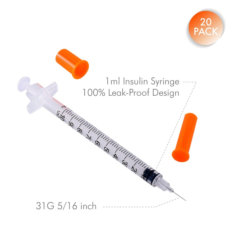 1ml/cc 31G 8mm Syringes, Lab Dispensing Syringe, Individual Wrapped, 20