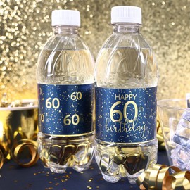 Navy Blue and Gold 60th Birthday Party Water Bottle Labels - 20 Count, 60th Birthday Decorations