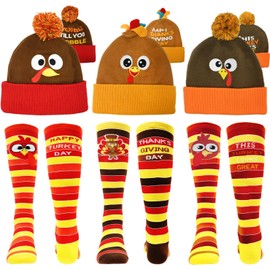 LUKBERA 6 Pcs Thanksgiving Turkey Trot Costume Set - 3 Pcs Turkey Hat & Running Socks, Autumn Fall Beanie Hats & Mid-Calf Socks for Women & Men