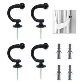 4 Pcs Curtain Tie Backs Hooks, Black Curtain Tie Backs Hooks, Ball End Curtain Holdbacks Hooks, Durable Hook with Ball End for Curtains Clothes Coat Hanger Hook, Easy Installation for Home Decor