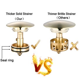 Gaosin Bathroom Sink Drain with Removable Brass Strainer Basket Anti Clogging Vessel Sink Drain Stopper with Overflow Brushed Gold