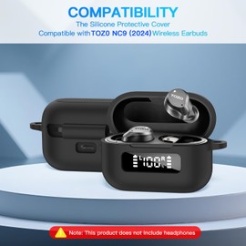 for TOZ0 NC9 (2024) Case Cover, Soft Silicone Shockproof Protective Case for TOZO Hybrid Active Noise Cancelling Wireless Earbuds with Keychain - Front Battery Display LED Visible Design (Black)