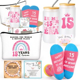 Frerdui 15 Year Old Gifts for Girls – 15th Birthday Gifts Set for Teen Girl, Quinceañera Gift Box with Jewelry, Tumbler, Socks, Makeup Bag – Best Gift Ideas for 15 Year Old Girl Birthday Celebration