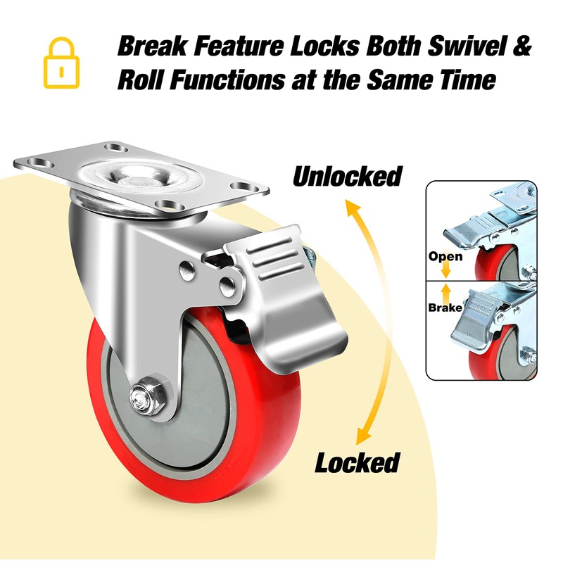 MaxxHaul 50687 4" Heavy Duty Locking Swivel Casters with Brakes,