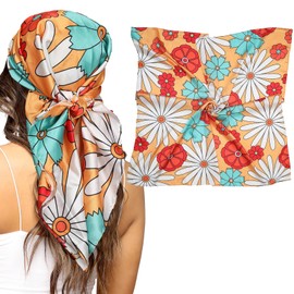 AWAYTR 35” Silk Scarf for Women Large Head Scarf Square Hair Scarf Satin Hair Bandana Printed Silk Sleeping Head Wrap (Hippie daisy)
