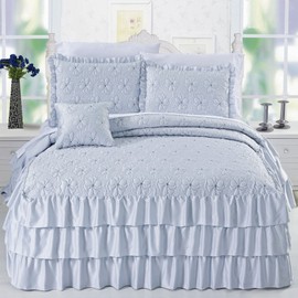 Home Soft Things 4 Piece Matte Satin Ruffle Quilted Bedspread Set 24" Drop Ruffled Style Bed Skirt Coverlets Lightweight Reversible Bedding Set Cover, Queen 60" x 80" + 24", Light Blue
