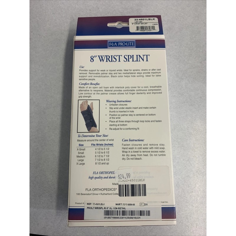 FLA Pro-Lite 8" Wrist Splint Black Right Hand XL