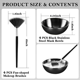 8 Pcs Black Facial Bowl and Brush Set 4 Black Stainless Steel Mixing Bowls 4 Facial Fan Brushes Esthetician Facial Mixing Bowls Esthetician Face Mask Brush for Mud Cream Spa Salon (8 Pcs)