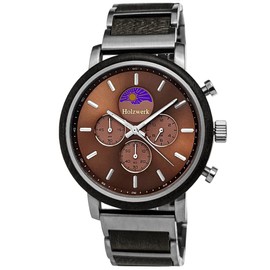 Holzwerk Germany Handmade Designer Men's Watch Eco Natural Wood Watch Chronograph Bracelet Watch Analogue Quartz Watch Brown Black Blue Silver with Moon Phase, silver, Watch