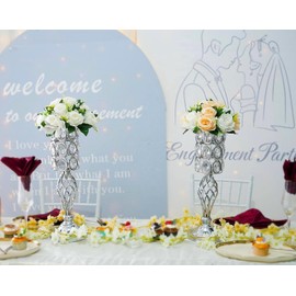 20in Metal Crystal Wedding Centerpiece Vases for Tables Set of 2, Silver Trumpet Flower Vase Stands for Wedding Party Reception Dining Room Living Room Décor