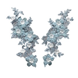 Craftuneed A Pair of sew on Flower Beaded lace Applique Floral Beads Sequins Tulle lace Motif Patch (Blue)