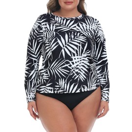 HDE Plus Size Rash Guard for Women UPF 50 Quick Dry Long Sleeve Swim Top Tropical Black - 1X